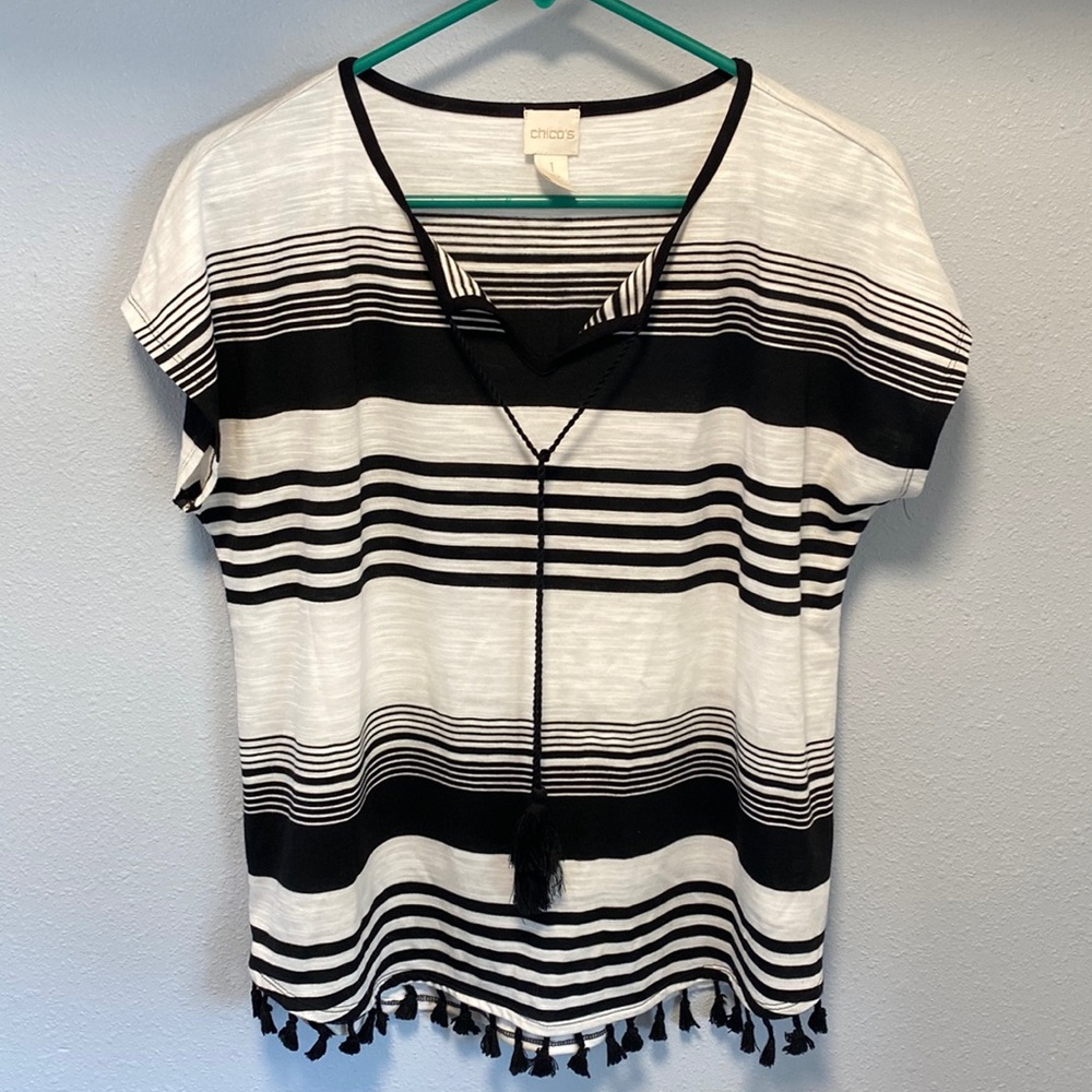 Chico’s striped shirt with tassel trim